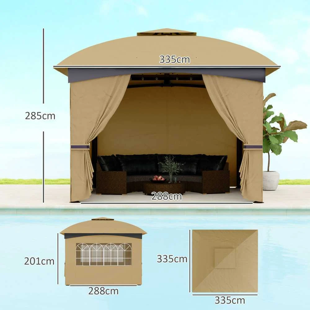 Outsunny sodo pavėsinė, apie 3,4x3,4 m, atspari vandeniui, su 4 šoninėmis sienelėmis, dvigubu stogu, vakarėlių palapinė su UV apsauga, sodo palapinė su cinkuoto metalo rėmu, smėlio spalvos