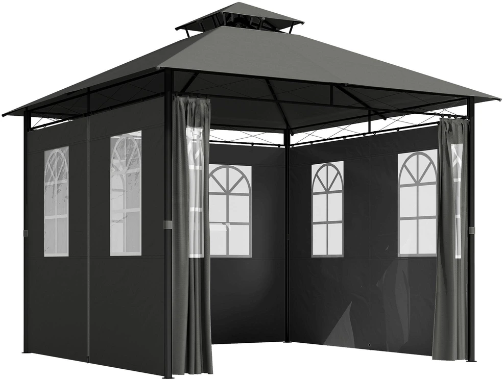 Outsunny paviljonas apie 3 x 3 m, sodo palapinė su šonine sienele, vakarėlių palapinė su dvigubu stogu, atspari oro sąlygoms palapinė, sodo paviljonas, metalinis, tamsiai pilka