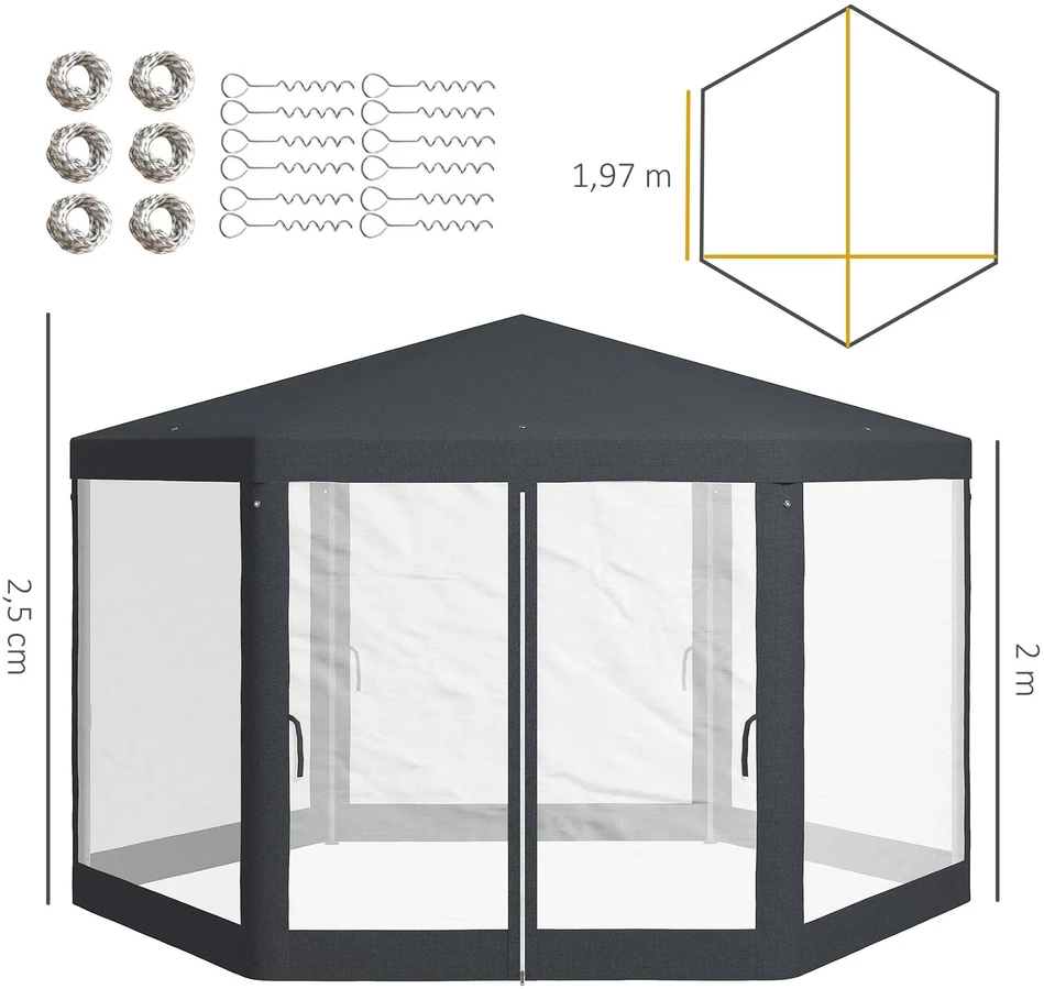 Outsunny paviljonas apie 4 x 4 m sodo paviljonas su tinkleliu nuo uodų vakarėlių palapinė sodo palapinė šventinė palapinė palapinė 6-kampė poliesteris metalas tamsiai pilka