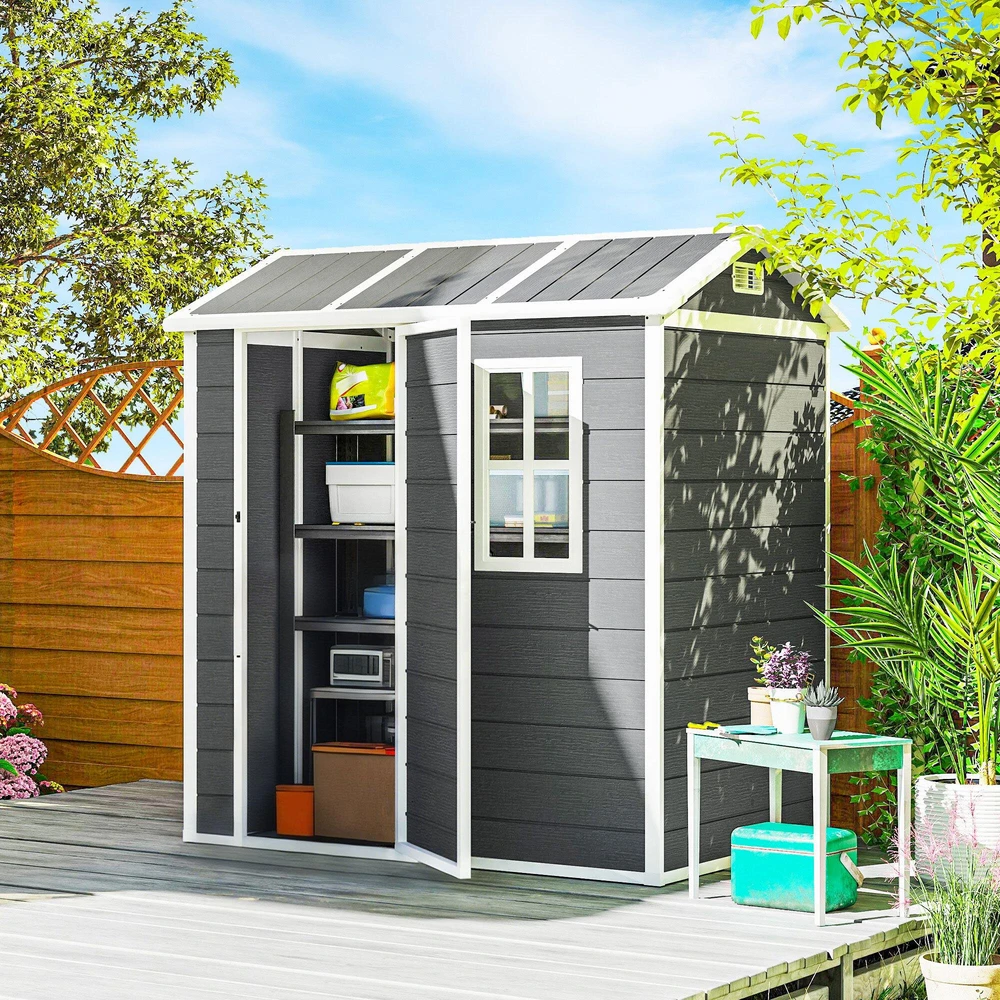 Outsunny plastikinis sodo namelis 2,1m² 186 x 130 x 199 cm, su dvišlaičiu stogu, grindimis, langu ir rakinamomis durimis, atsparus oro sąlygoms, pilkas