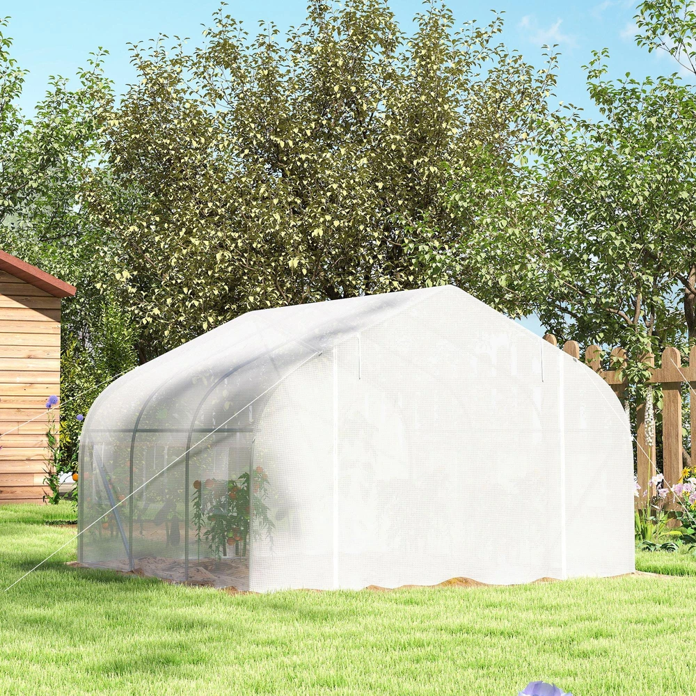 Outsunny plėvelinis šiltnamis 4,45x2,99x2,05m, apsauga nuo UV spindulių, pomidorų šiltnamis, tinklelio langai, atsparus vėjui, metalinis, baltas