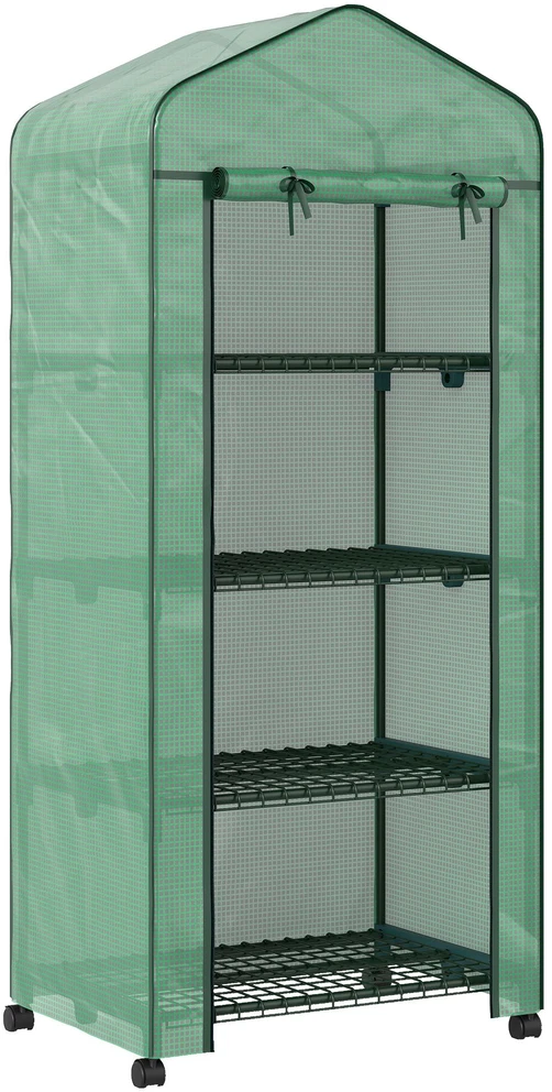 Outsunny plėvelinis šiltnamis su ritininiu užtrauktuku, šiltnamis su 4 lentynomis, plėvelinis šiltnamis su plieniniu rėmu, sodui, balkonui 69 x 50 x 165 cm, žalias