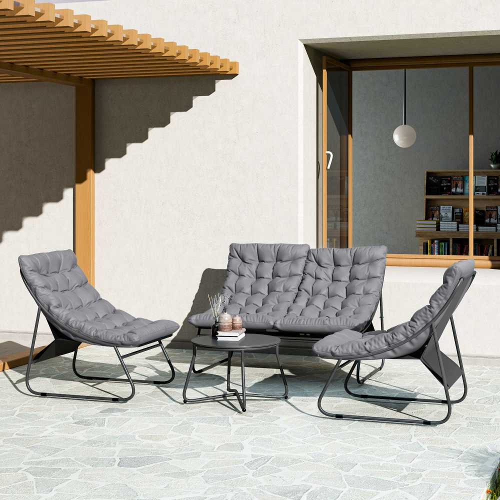 Outsunny plieno sodo baldų komplektas 4 asmenims, atsparus oro sąlygoms, balkonų baldų rinkinys su 2 vietų sofa, foteliu, šoniniu staliuku ir sėdynių pagalvėlėmis, lauko baldų komplektas, terasos baldai pilkos spalvos