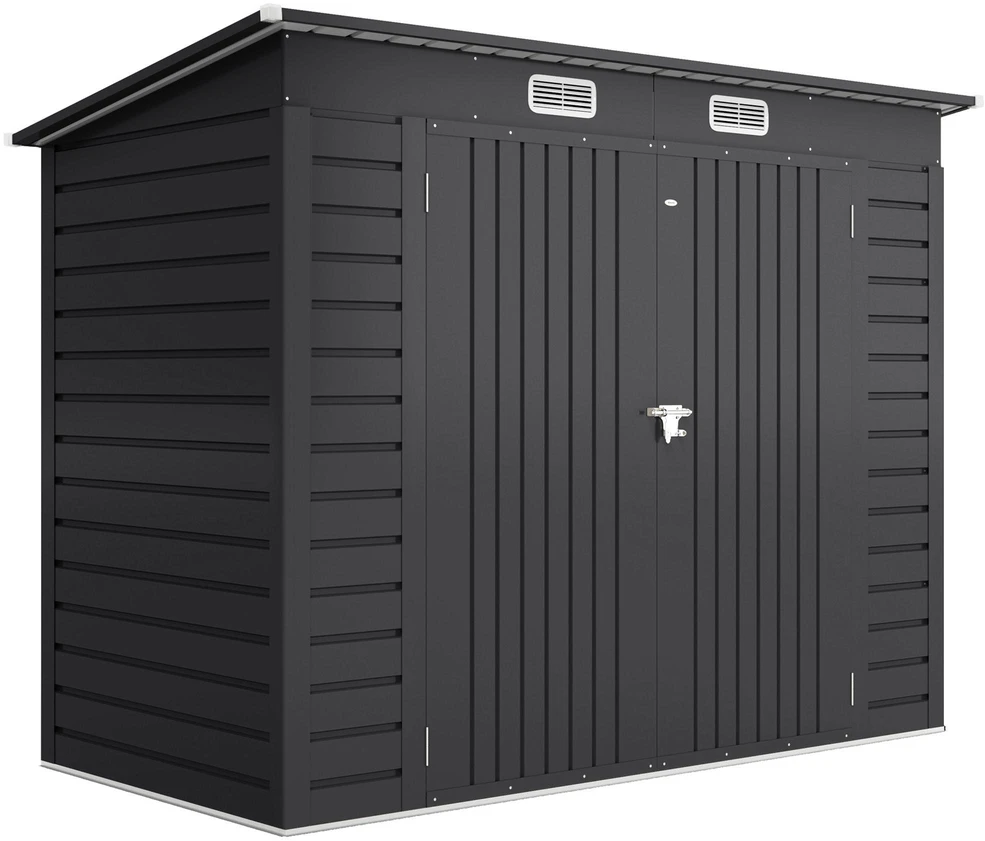 Outsunny plieno įrankių namelis, 2,7 m² sodo namelis su dvigubomis durimis, rakinamas sodo sandėliukas, atsparus UV spinduliams, 249 x 121 x 183 cm, pilkas