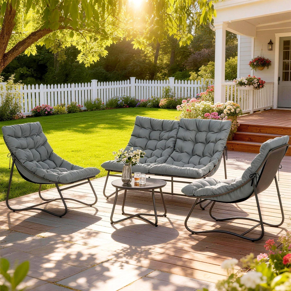 Outsunny plieno sodo baldų komplektas 4 asmenims, atsparus oro sąlygoms, balkonų baldų rinkinys su 2 vietų sofa, foteliu, šoniniu staliuku ir sėdynių pagalvėlėmis, lauko baldų komplektas, terasos baldai pilkos spalvos