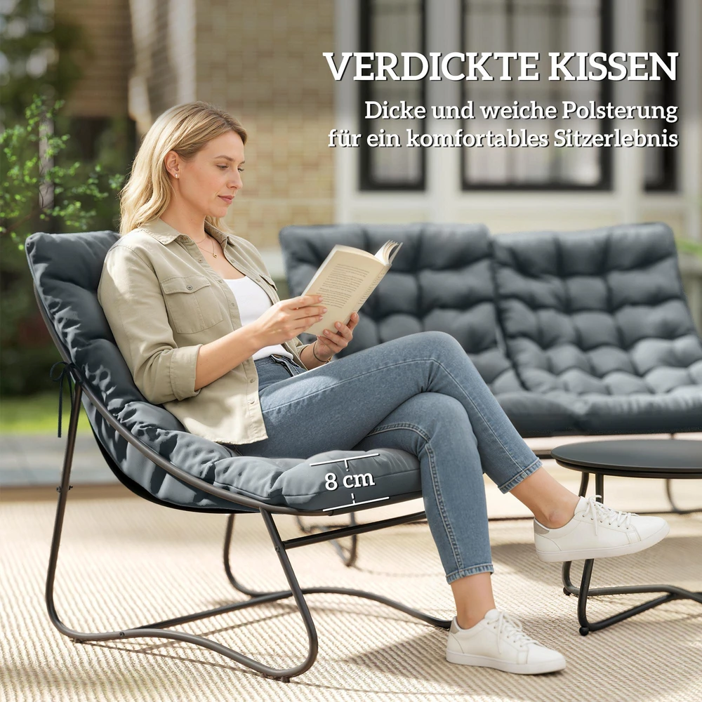 Outsunny plieno sodo baldų komplektas 4 asmenims, atsparus oro sąlygoms, balkonų baldų rinkinys su 2 vietų sofa, foteliu, šoniniu staliuku ir sėdynių pagalvėlėmis, lauko baldų komplektas, terasos baldai pilkos spalvos