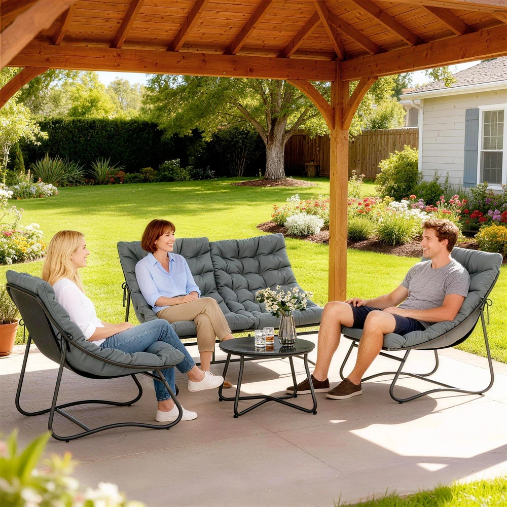 Outsunny plieno sodo baldų komplektas 4 asmenims, atsparus oro sąlygoms, balkonų baldų rinkinys su 2 vietų sofa, foteliu, šoniniu staliuku ir sėdynių pagalvėlėmis, lauko baldų komplektas, terasos baldai pilkos spalvos