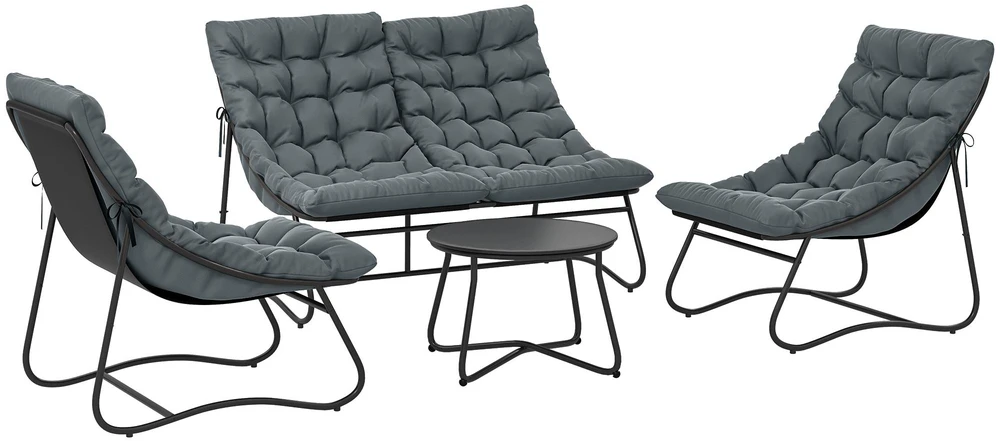 Outsunny plieno sodo baldų komplektas 4 asmenims, atsparus oro sąlygoms, balkonų baldų rinkinys su 2 vietų sofa, foteliu, šoniniu staliuku ir sėdynių pagalvėlėmis, lauko baldų komplektas, terasos baldai pilkos spalvos