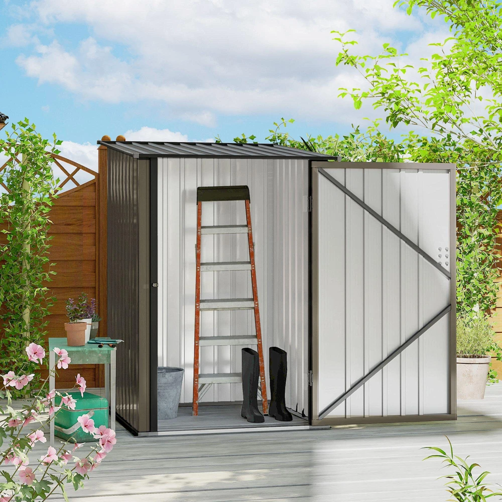 Outsunny plieno sodo namelis, 0,92 m² įrankių namelis su vienšlaičiu stogu, rakinama sodo spintelė, įrankių pašiūrė, 100 x 103 x 160 cm, rudas