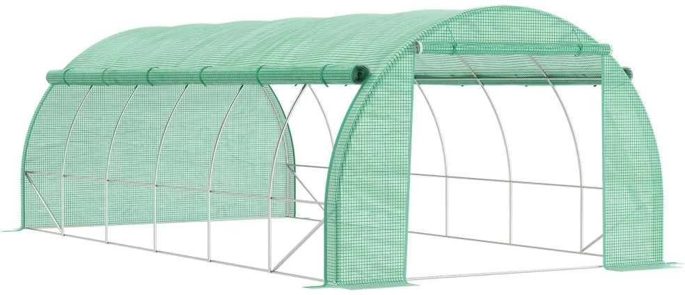 Outsunny plėvelinis šiltnamis, polietileno tunelis, 6x3x2 m, erdvus, su UV apsauga, pakeliamais šonais, plieno rėmas, žalias