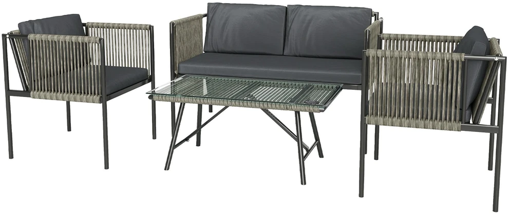 Lauko baldų komplektas „Outsunny“ polirango sodo baldų komplektas, poilsio baldų rinkinys su 2 vietų sofa, foteliu, stikliniu stalu, pagalvėlėmis, atsparus oro sąlygoms, balkonų baldai 4 asmenims, lauko sėdimoji grupė, terasos baldai sodui, balkonui, pilkas