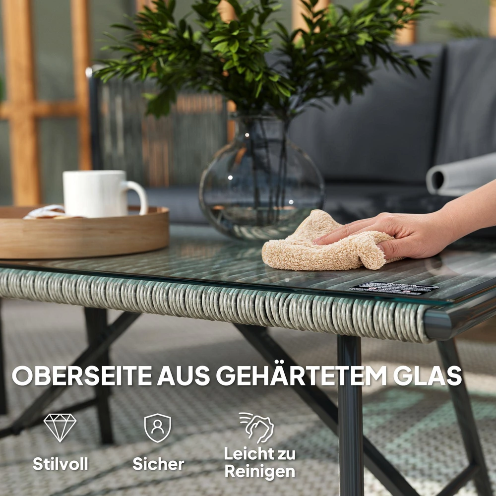 Lauko baldų komplektas „Outsunny“ polirango sodo baldų komplektas, poilsio baldų rinkinys su 2 vietų sofa, foteliu, stikliniu stalu, pagalvėlėmis, atsparus oro sąlygoms, balkonų baldai 4 asmenims, lauko sėdimoji grupė, terasos baldai sodui, balkonui, pilkas