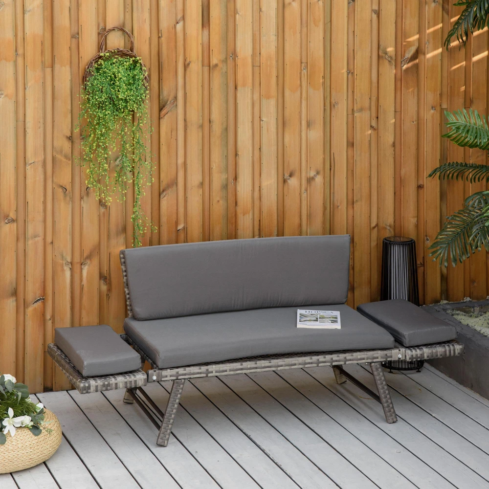 Outsunny poliratano 2-vietė sodo sofa, pilka, su atlenkiamais porankiais, plienas, 129x63x67 cm, skirta sodui ir terasai