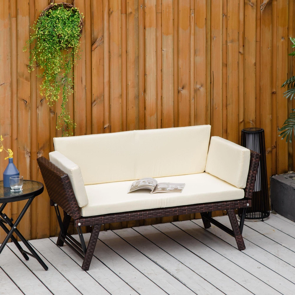 Outsunny poliratano sodo sofa, dvivietė, sodo baldai, poilsio sofa, sodo suoliukas, sulankstoma sodo gultas, porankiai, plienas, ruda, 129 x 63 x 67 cm