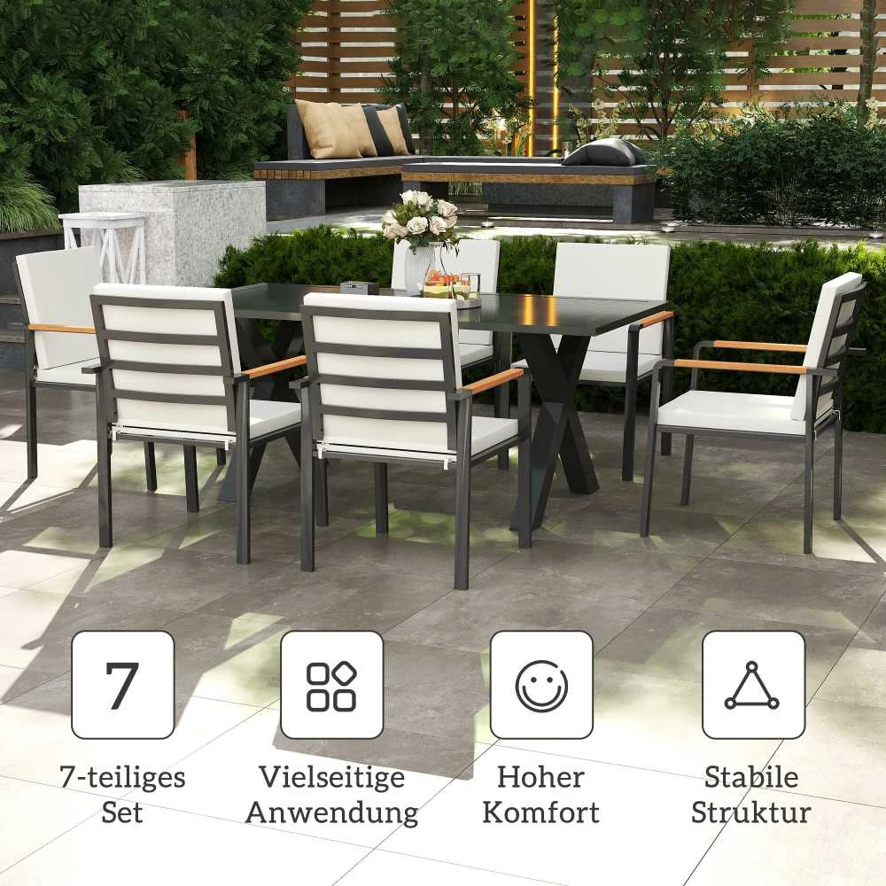 Lauko baldų komplektas Outsunny sodo baldų komplektas 6 asmenims, 6 kėdės, 1 stalas, atsparus oro sąlygoms, 175 cm x 92,5 cm x 73 cm, juodas + pilkas