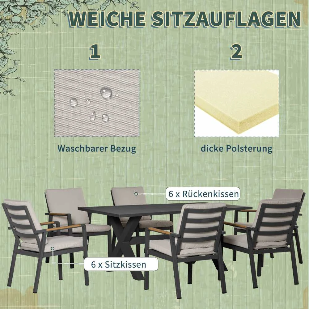 Lauko baldų komplektas Outsunny sodo baldų komplektas 6 asmenims, 6 kėdės, 1 stalas, atsparus oro sąlygoms, 175 cm x 92,5 cm x 73 cm, juodas + pilkas