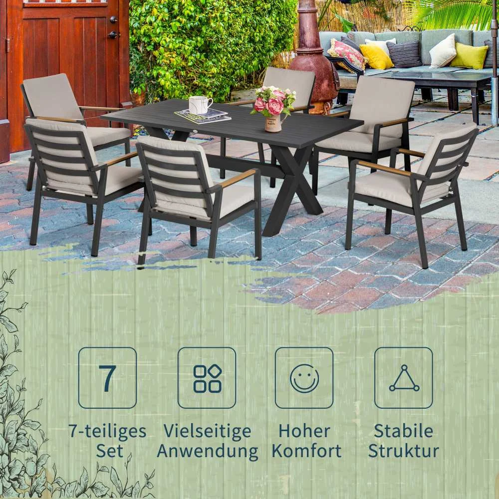 Lauko baldų komplektas Outsunny sodo baldų komplektas 6 asmenims, 6 kėdės, 1 stalas, atsparus oro sąlygoms, 175 cm x 92,5 cm x 73 cm, juodas + pilkas