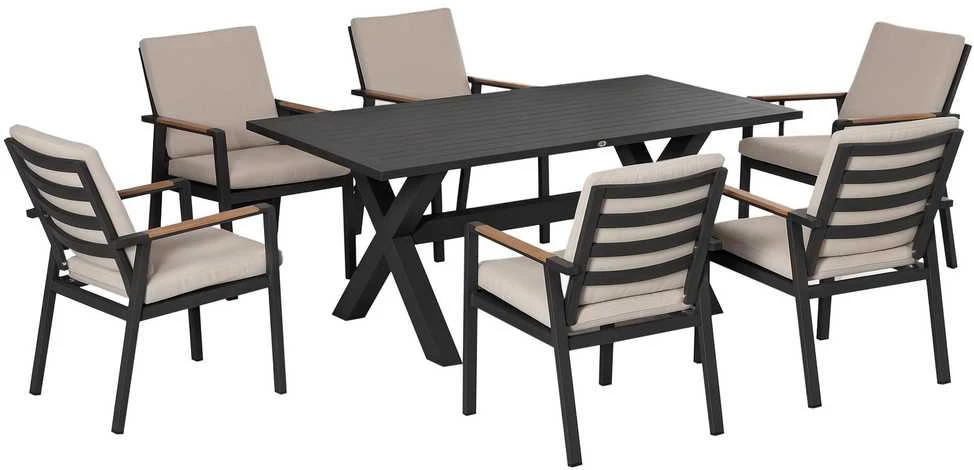 Lauko baldų komplektas Outsunny sodo baldų komplektas 6 asmenims, 6 kėdės, 1 stalas, atsparus oro sąlygoms, 175 cm x 92,5 cm x 73 cm, juodas + pilkas