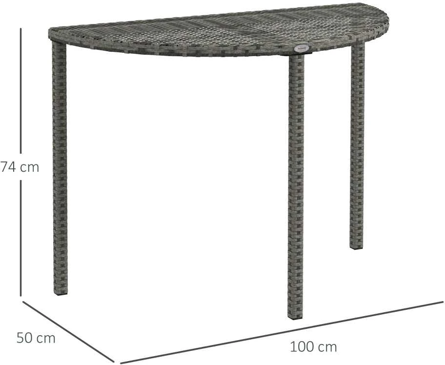 Outsunny balkono stalas, sodo pagalbinis staliukas, sodo baldai, pusapvalis, poliratanas, metalas, pilkas, 100 x 50 x 74 cm