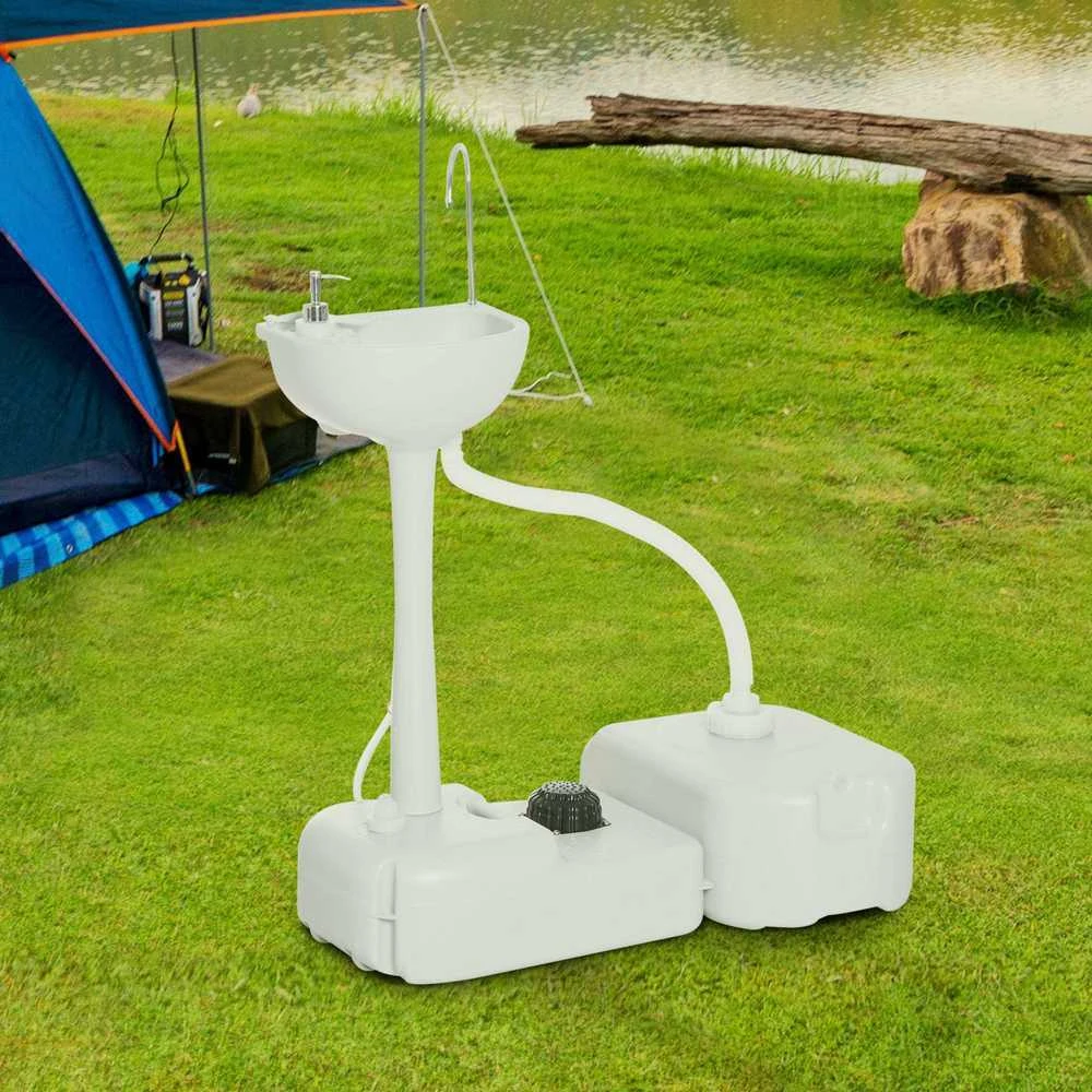 Outsunny stovyklavimo praustuvė, rankų plautuvė su nuotekų surinkimo talpa, 17 l vandens bakas, mobilioji plautuvė su dozatoriumi, HDPE, pilka, 83 x 50 x 103 cm