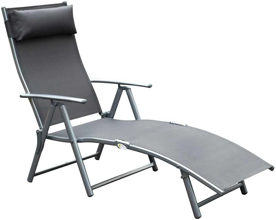 „Outsunny“ sodo gultas, sulankstomas reguliuojamas krėslas su pagalve, pilkas metalas ir pilkas audinys, 137 x 63,5 x 100,5 cm