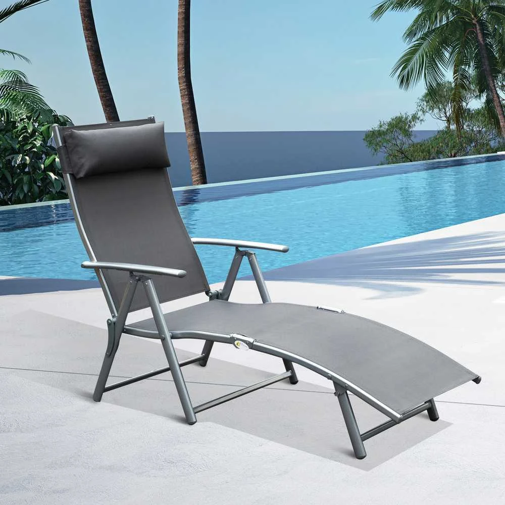 „Outsunny“ sodo gultas, sulankstomas reguliuojamas krėslas su pagalve, pilkas metalas ir pilkas audinys, 137 x 63,5 x 100,5 cm