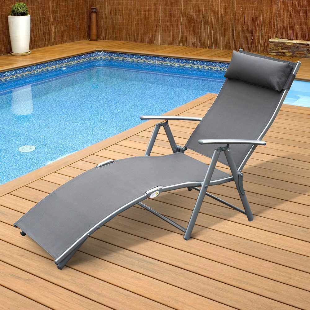 „Outsunny“ sodo gultas, sulankstomas reguliuojamas krėslas su pagalve, pilkas metalas ir pilkas audinys, 137 x 63,5 x 100,5 cm