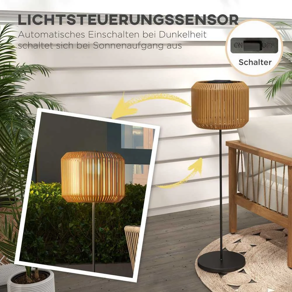 Outsunny Rattan saulės lempa, takelio šviestuvas su šiltai balta šviesa, vandeniui atsparus LED sodo šviestuvas su šviesos jutikliu, pastatomas šviestuvas sodui, vejai, plieno