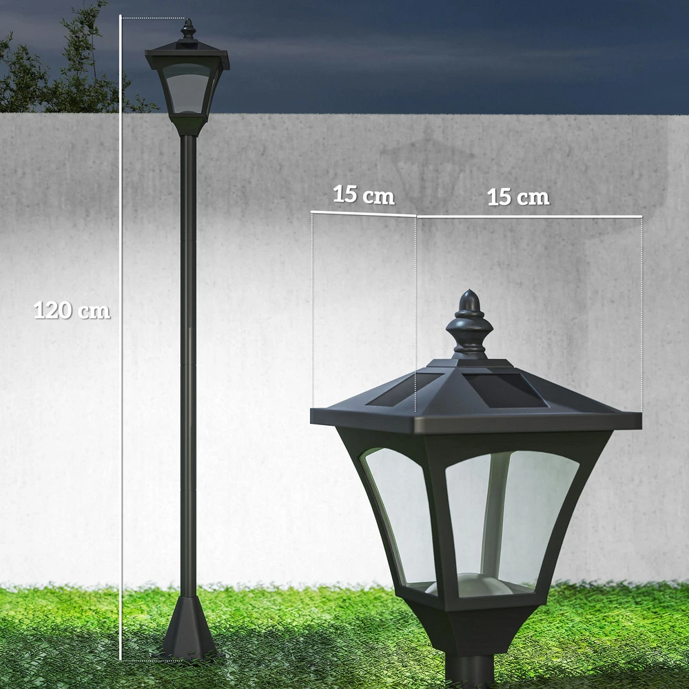 Outsunny saulės energija maitinamas sodo žibintas, lauko šviestuvas su LED, 10 liumenų, juodas, 15 x 15 x 120 cm
