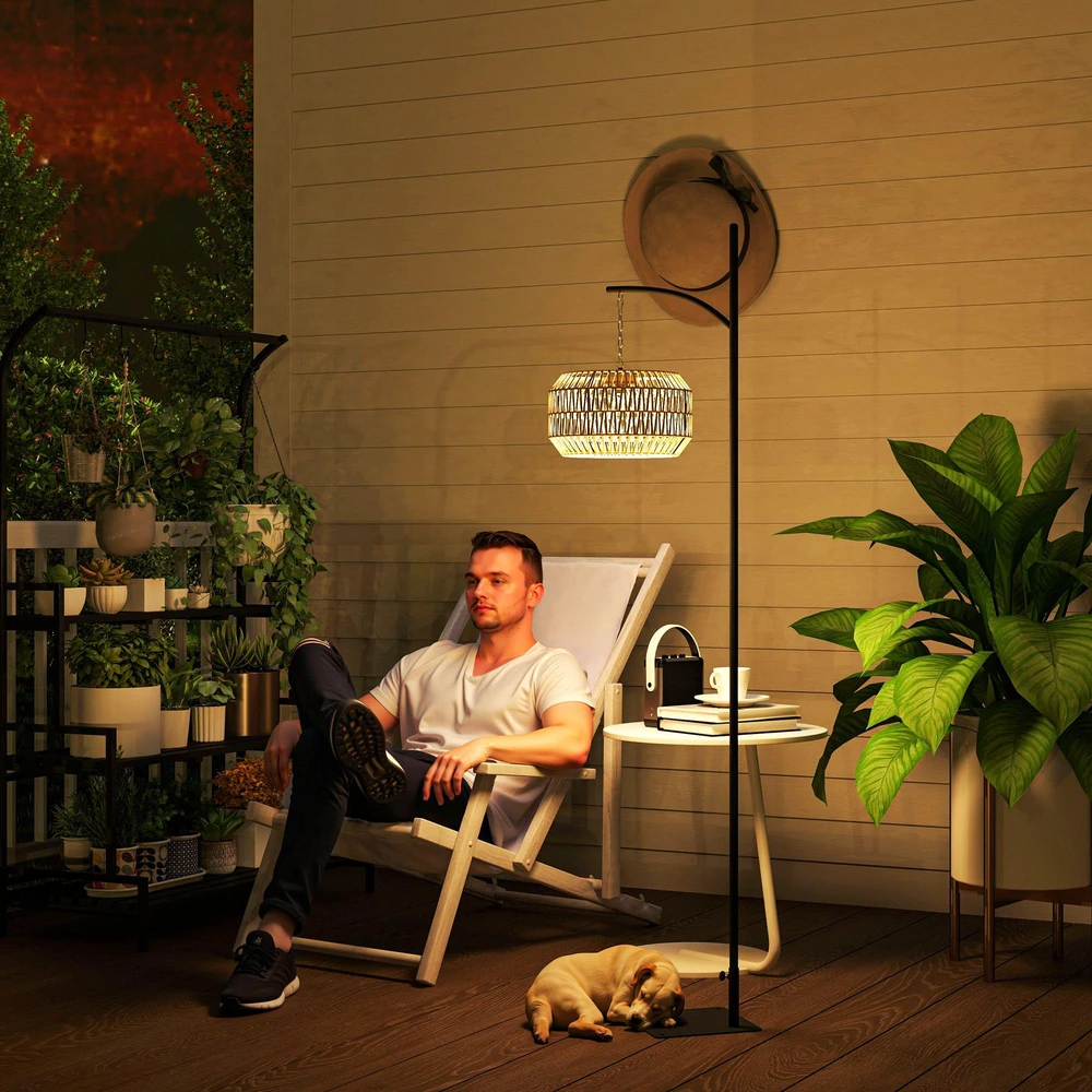 Outsunny saulės energija varoma rotango grindų lempa, saulės šviestuvai su šviesos jutikliu, automatinis boho stiliaus saulės šviestuvas, IP44 atsparus vandeniui, lauko žibintas sodui, balkonui, kiemui