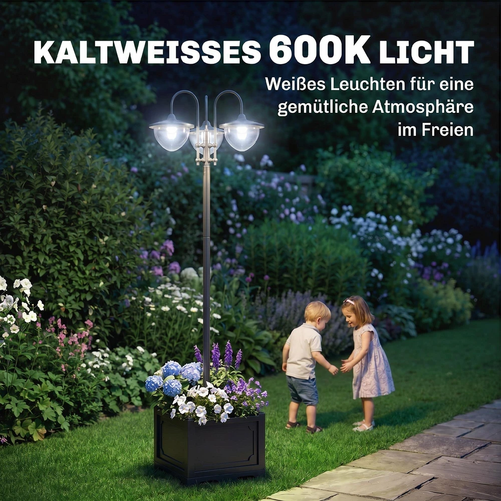 Outsunny saulės energija veikiantis sodo šviestuvas, 3 lempų galvučių šviestuvas su vazono pagrindu, atsparus vandeniui, nerūdijantis plienas, 60x55x189 cm
