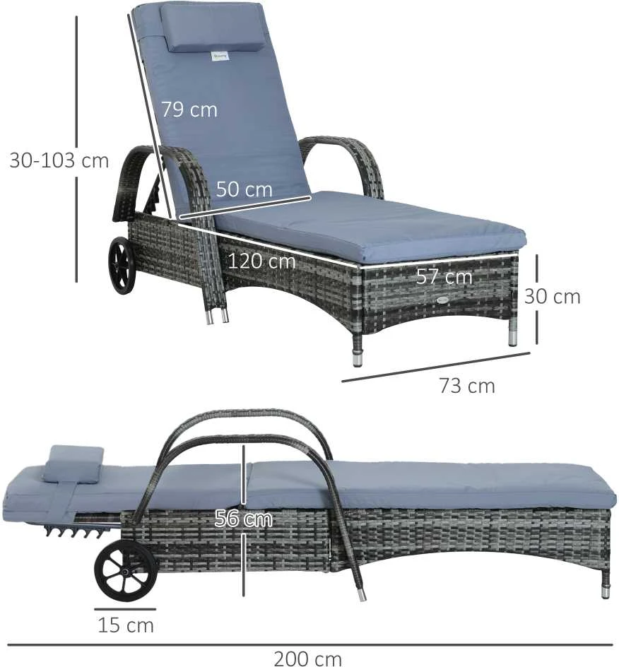 Outsunny sodo gultas, poliratanas ir metalas, pilkas, 200x73x30-103 cm