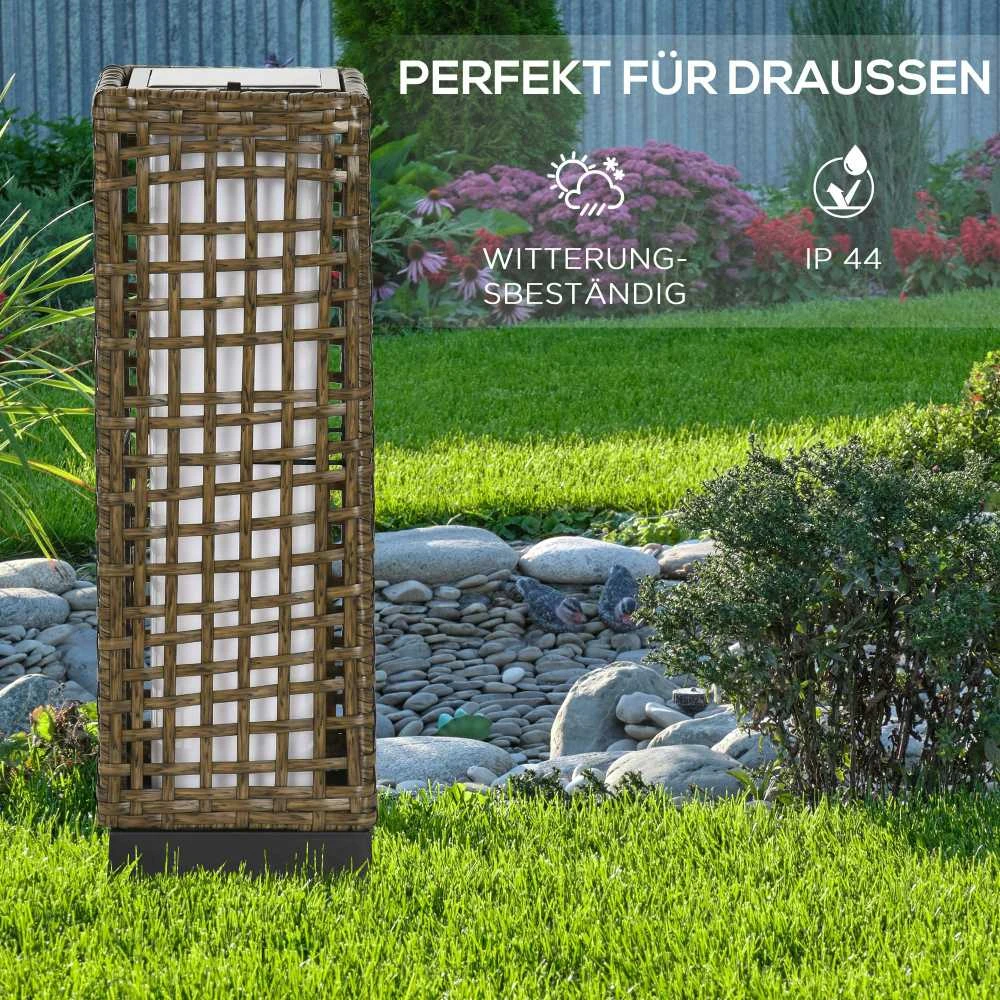 „Outsunny“ saulės energija maitinamas šviestuvas, „Rattan“ dizainas, vandeniui atsparus, su šviesos jutikliu, LED lauko šviestuvas, 15,5 x 15,5 x 46 cm