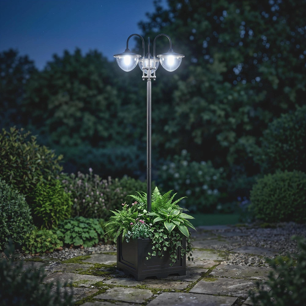 Outsunny saulės energija veikiantis sodo šviestuvas, 3 lempų galvučių šviestuvas su vazono pagrindu, atsparus vandeniui, nerūdijantis plienas, 60x55x189 cm
