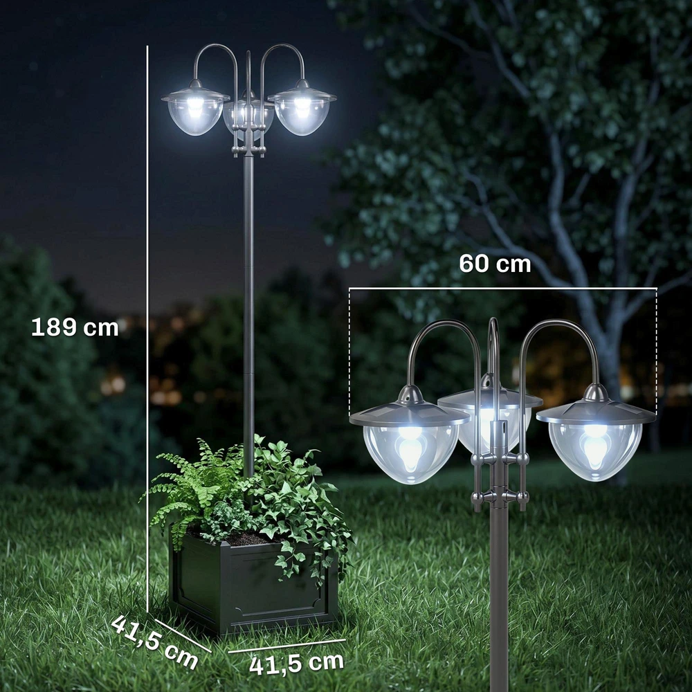 Outsunny saulės energija veikiantis sodo šviestuvas, 3 lempų galvučių šviestuvas su vazono pagrindu, atsparus vandeniui, nerūdijantis plienas, 60x55x189 cm