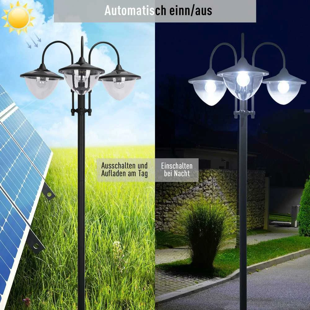 Outsunny saulės energija veikiantis sodo šviestuvas, 3 lempų galvučių šviestuvas su vazono pagrindu, atsparus vandeniui, nerūdijantis plienas, 60x55x189 cm