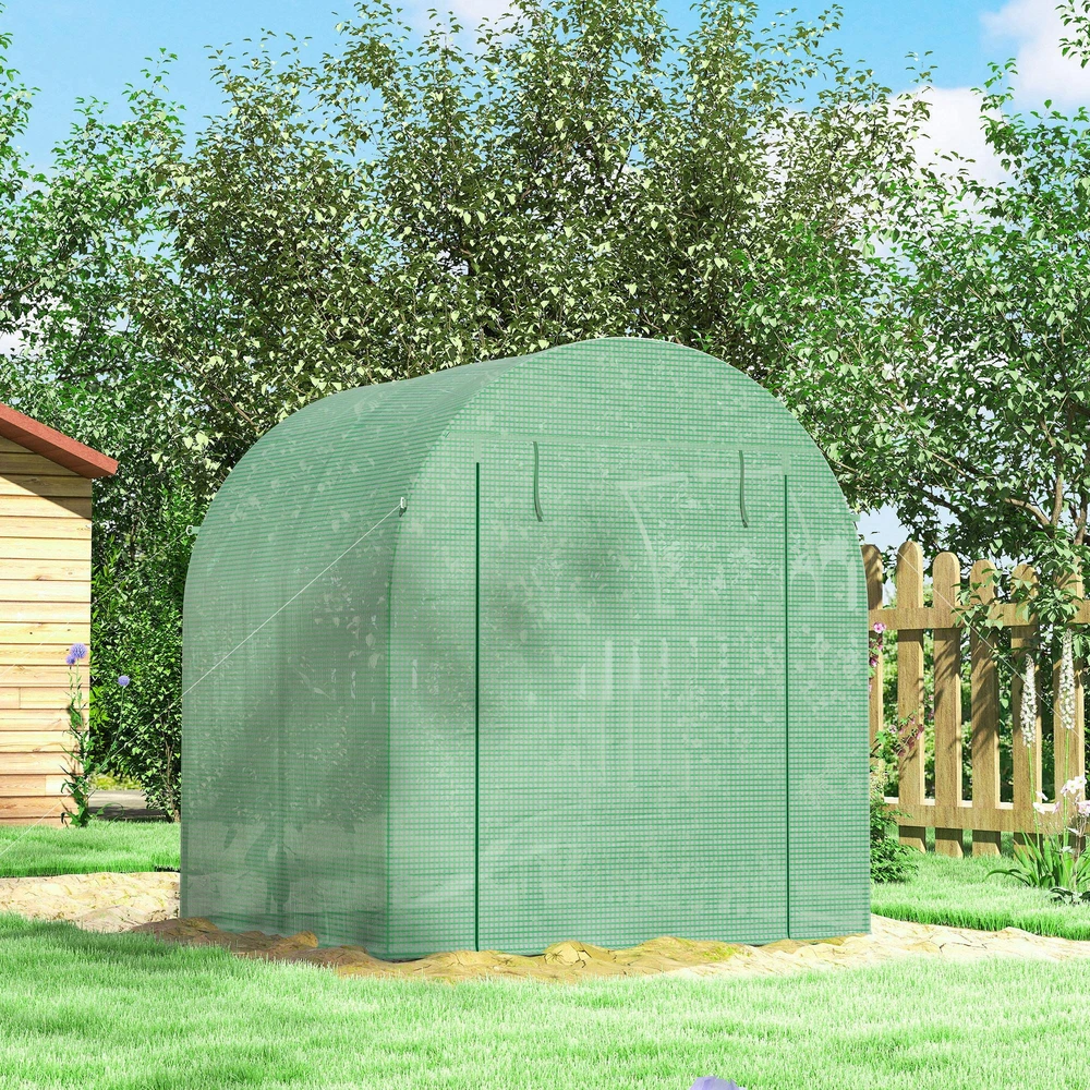 Outsunny šiltnamis, 180 x 180 x 200 cm, plėvelinis šiltnamis su roletinėmis durimis, apsauga nuo UV spindulių, pomidorų šiltnamis su šoniniais langais, PE tinklelio plėvelė, žiemai atsparus augalų namelis sodui, balkonui, žalias