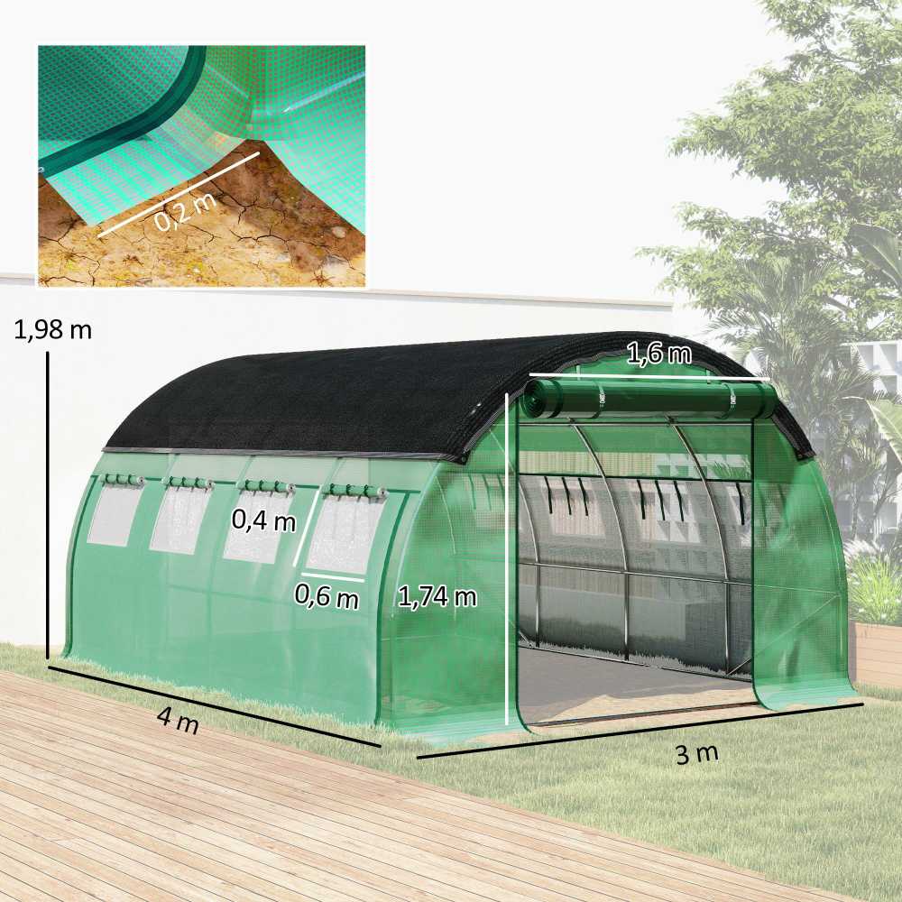 Outsunny šiltnamis 4 x 3 x 2 m plėvelinis šiltnamis su 8 langais, užtraukiamomis durimis, pakeliamomis šoninėmis sienelėmis, UV spinduliams atsparus tunelis, žiemai atsparus pomidorų šiltnamis su inkarais, žalias
