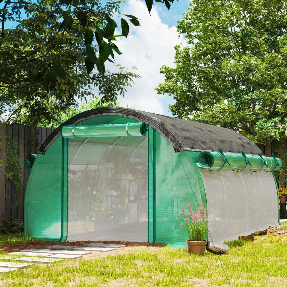 Outsunny šiltnamis 4 x 3 x 2 m plėvelinis šiltnamis su 8 langais, užtraukiamomis durimis, pakeliamomis šoninėmis sienelėmis, UV spinduliams atsparus tunelis, žiemai atsparus pomidorų šiltnamis su inkarais, žalias