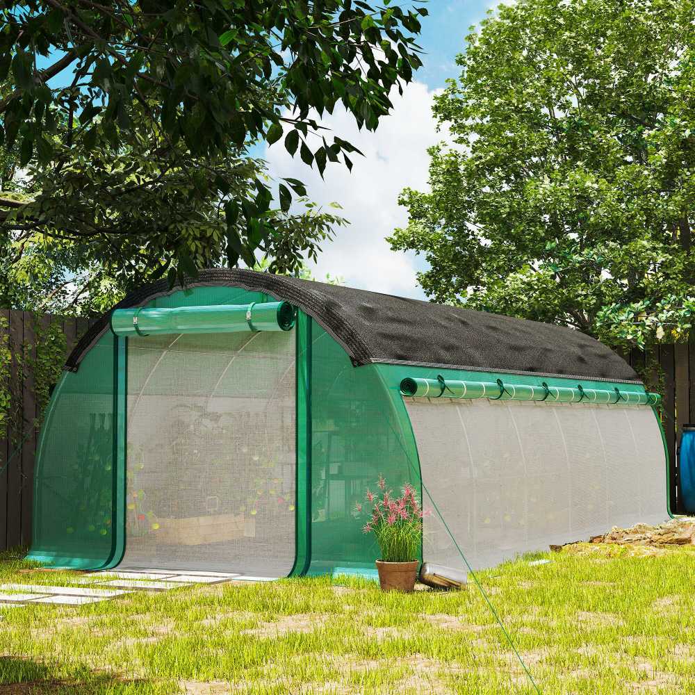 Outsunny 6 x 3 x 2 m plėvelinis šiltnamis su 12 langų, roletinėmis durimis, pakeliamomis sienelėmis, UV spinduliams atsparus arkinis šiltnamis, žieminis pomidorų namelis su žemės inkariniais laikikliais, žalias
