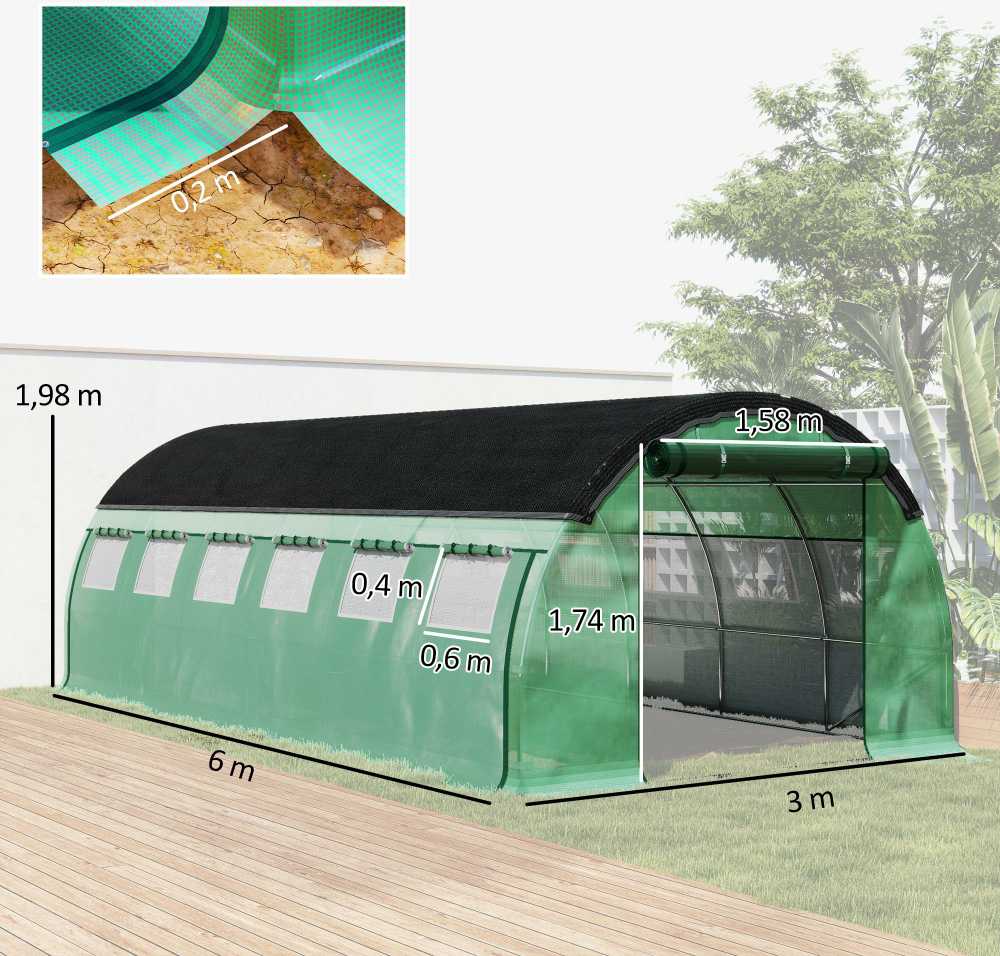 Outsunny 6 x 3 x 2 m plėvelinis šiltnamis su 12 langų, roletinėmis durimis, pakeliamomis sienelėmis, UV spinduliams atsparus arkinis šiltnamis, žieminis pomidorų namelis su žemės inkariniais laikikliais, žalias