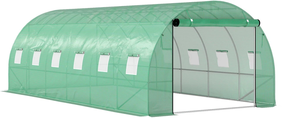 Outsunny šiltnamis, apie 6 x 3 x 2 m, plėvelinis šiltnamis su 12 langų, roletinėmis durimis, pakeliamais šonais, UV spinduliams atsparus tunelinis šiltnamis, žiemojantis pomidorų šiltnamis su žemės inkaras, žalias