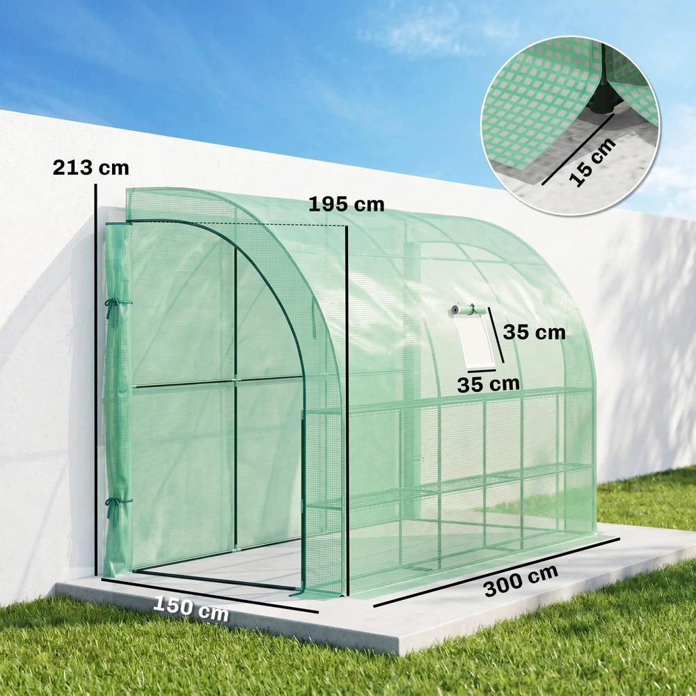 Outsunny šiltnamis su lentynomis ir langais, žiemojantis plėvelinis šiltnamis iš plieno, sieninis šiltnamis balkonui, sodui, pomidorų namelis 300x150x213cm daržovėms, gėlėms, augalams, žalias