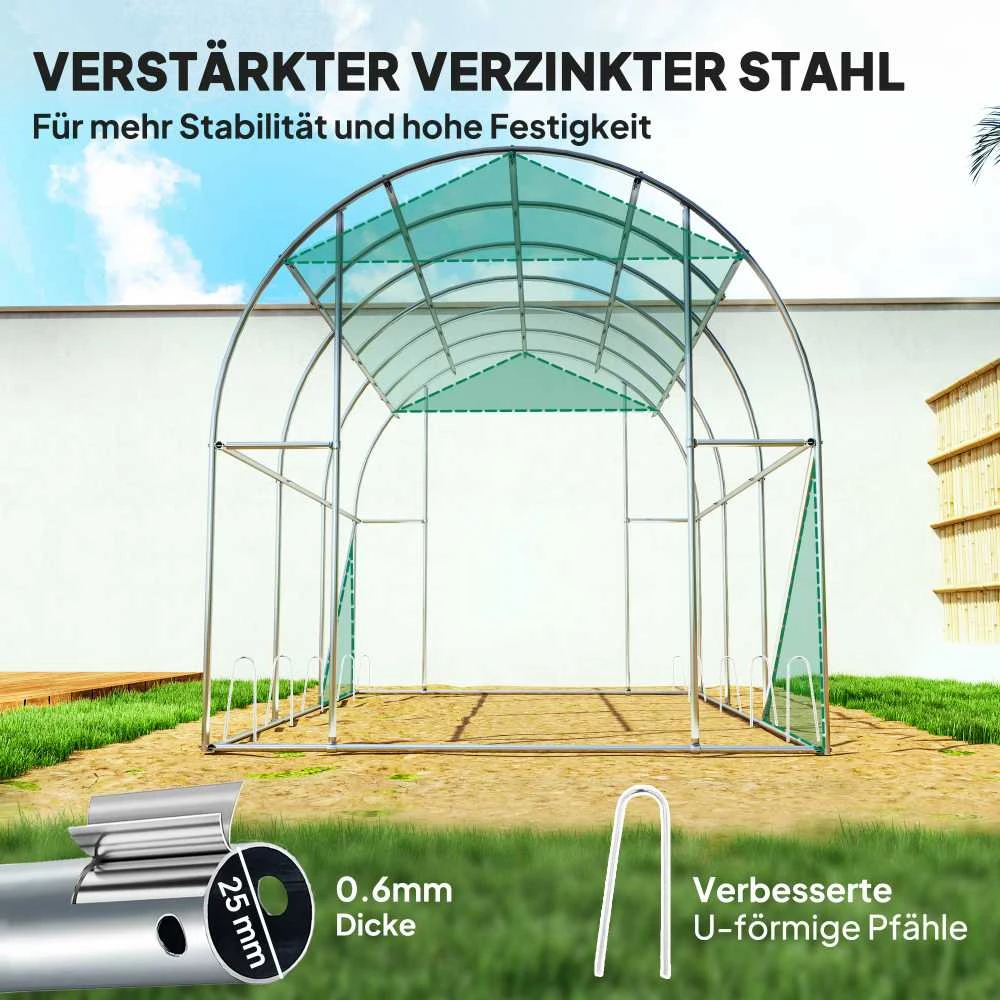 Outsunny šiltnamis, apie 3 x 2 x 2 m, plėvelinis šiltnamis su 6 langais, roletinėmis durimis, suvyniojamais šonais, UV spinduliams atsparus plėvelės tunelis, žiemojantis pomidorų namelis su žemės inkarais, žalias