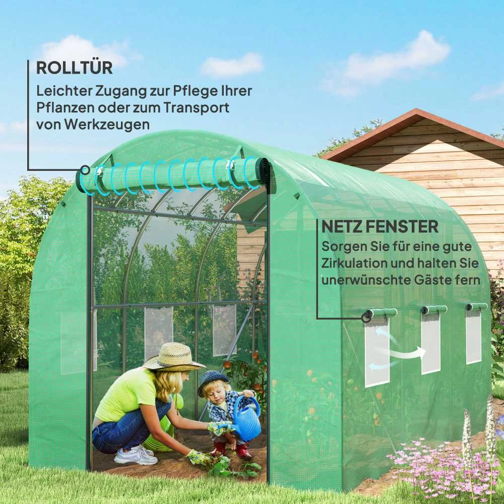 Outsunny šiltnamis, apie 3 x 2 x 2 m, plėvelinis šiltnamis su 6 langais, roletinėmis durimis, suvyniojamais šonais, UV spinduliams atsparus plėvelės tunelis, žiemojantis pomidorų namelis su žemės inkarais, žalias