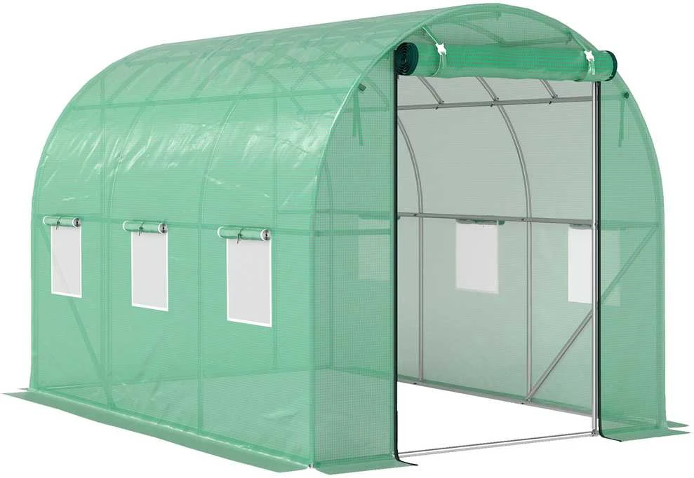Outsunny šiltnamis, apie 3 x 2 x 2 m, plėvelinis šiltnamis su 6 langais, roletinėmis durimis, suvyniojamais šonais, UV spinduliams atsparus plėvelės tunelis, žiemojantis pomidorų namelis su žemės inkarais, žalias