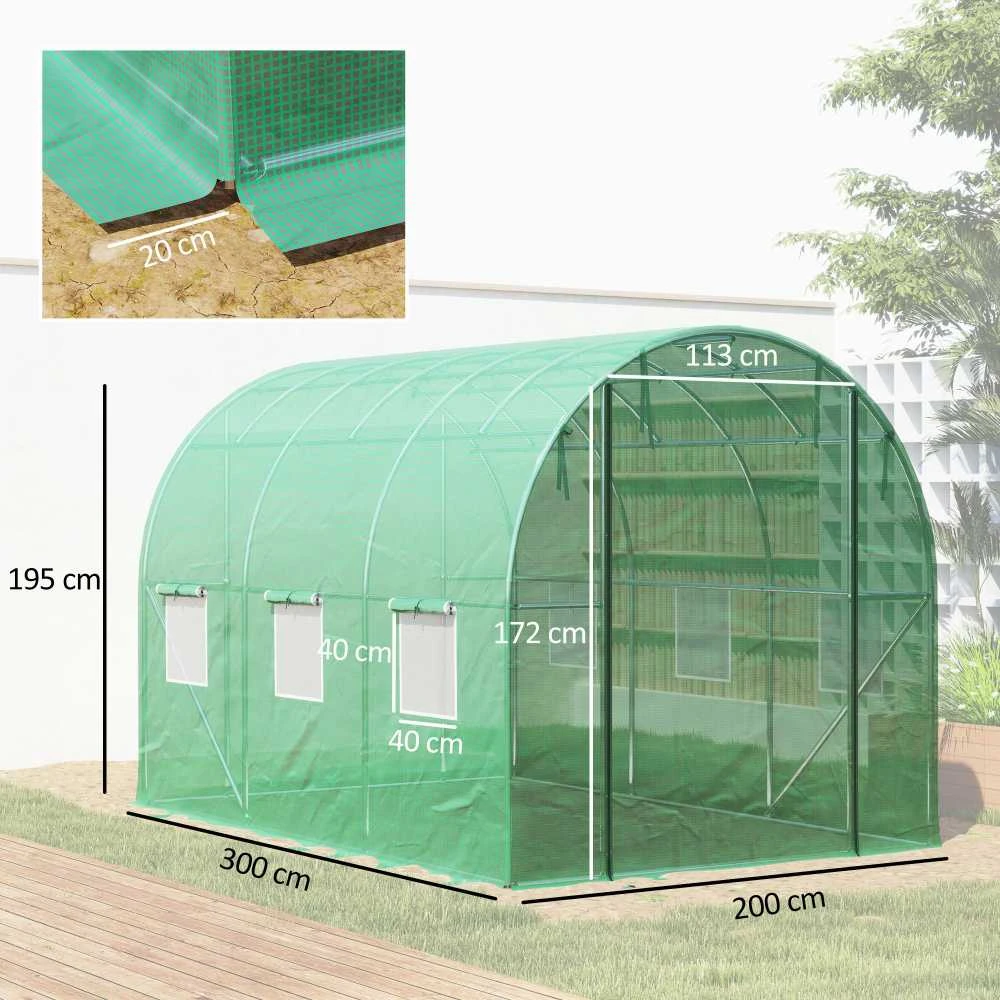 Outsunny šiltnamis, apie 3 x 2 x 2 m, plėvelinis šiltnamis su 6 langais, roletinėmis durimis, suvyniojamais šonais, UV spinduliams atsparus plėvelės tunelis, žiemojantis pomidorų namelis su žemės inkarais, žalias