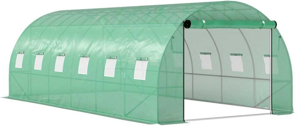 Outsunny šiltnamis, apie 6 x 3 x 2 m, plėvelinis šiltnamis su 12 langų, roletinėmis durimis, pakeliamais šonais, UV spinduliams atsparus tunelinis šiltnamis, žiemojantis pomidorų šiltnamis su žemės inkaras, žalias