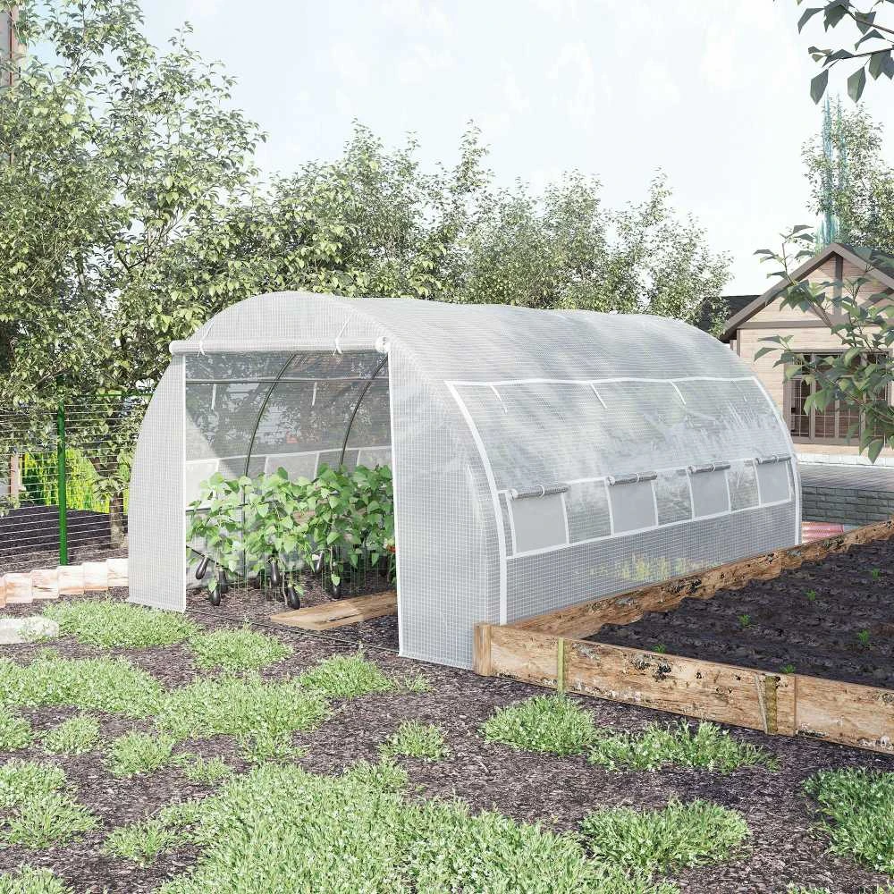 Outsunny plėvelinis šiltnamis su apsauga nuo UV spindulių, 3,97 x 3,02 x 2 m, pomidorų šiltnamis su šoninėmis durimis, vėjui atsparus tunelinis šiltnamis, plieno, baltas