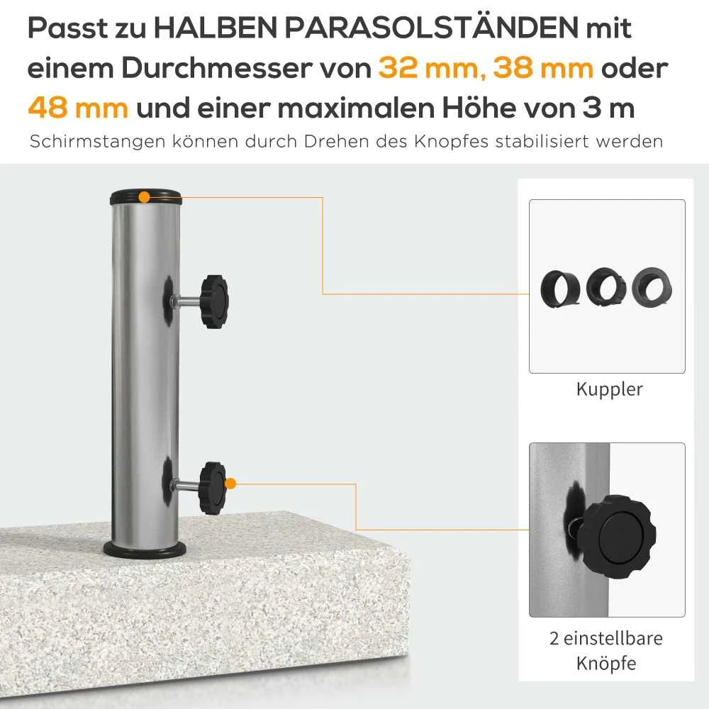 Outsunny skėčio stovas 25 kg, stovas pusapvaliam skėčiui su Ø32/38/48 mm kotu, granito pagrindas, pilkas